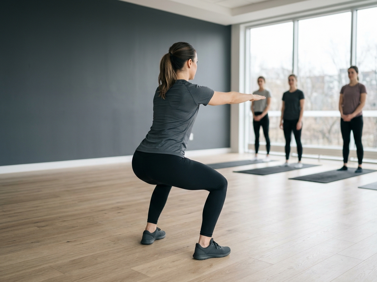 Instructor demonstrates a slow squat in the bright studio while participants watch from their mats