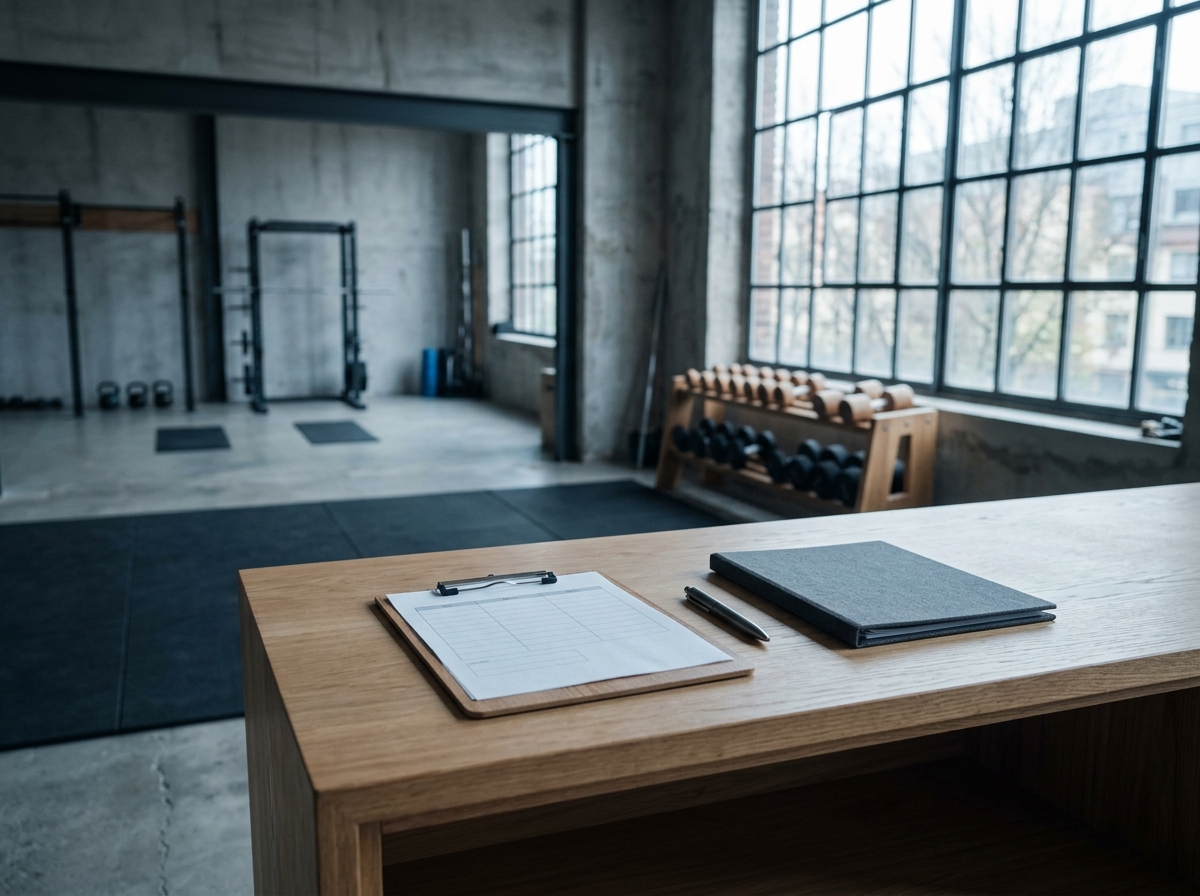 Reception desk with a clipboard, training plan and folder, with the training area visible in the background