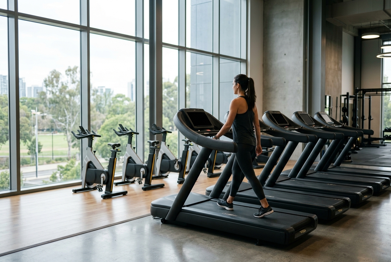 Cardiobereich mit Laufbaendern vor hohen Fenstern