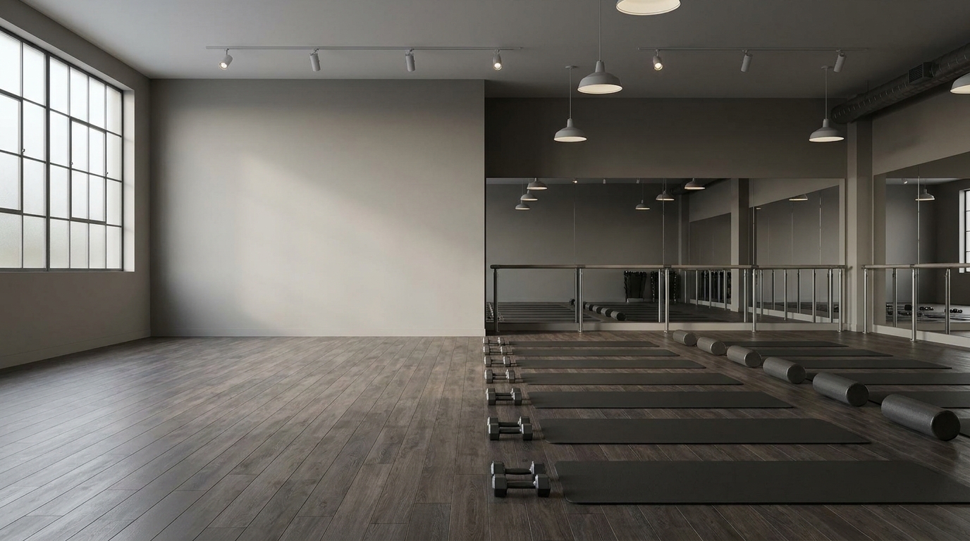 Class room with training mats, dumbbells and mirror wall laid out in daylight