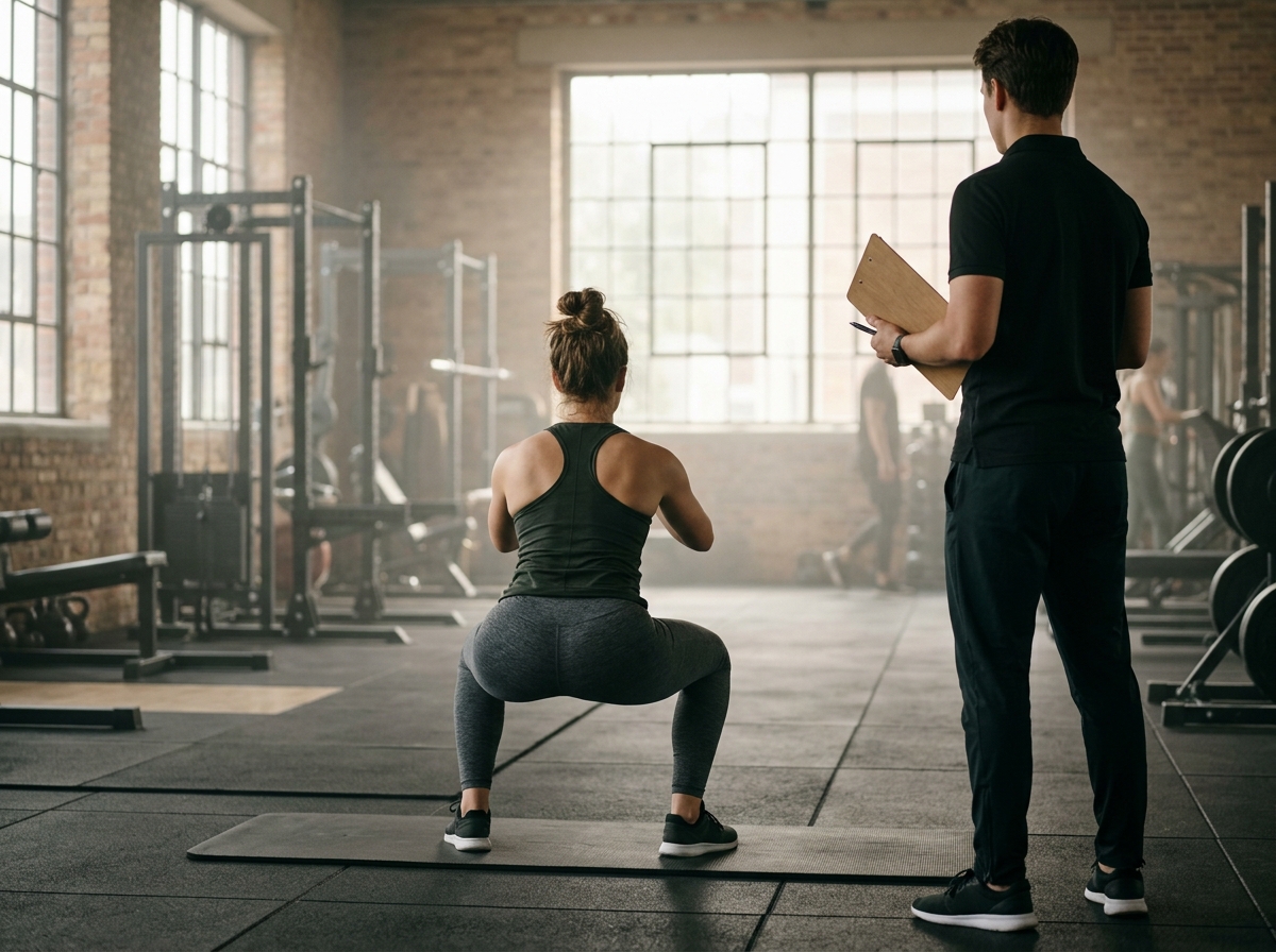 Member seen from behind doing a slow squat on the mat, with the trainer holding a clipboard beside them