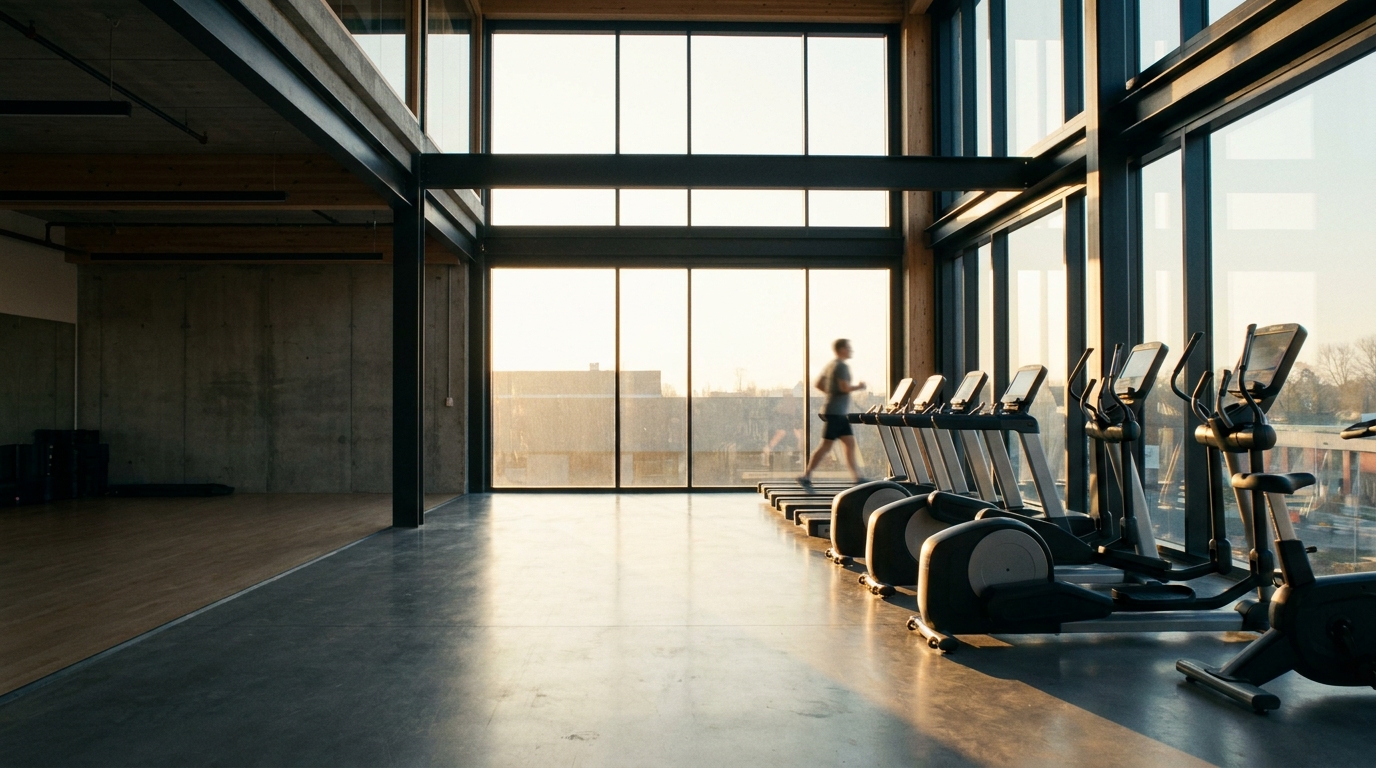 Gym in the early morning with cardio equipment in front of a large window front, through which low sunlight falls