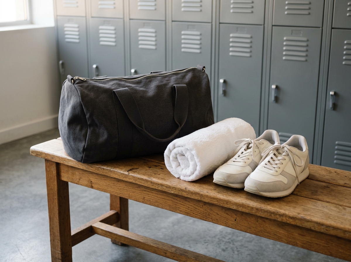 Gym bag with a rolled-up towel and indoor shoes on a wooden bench in front of lockers in a changing room