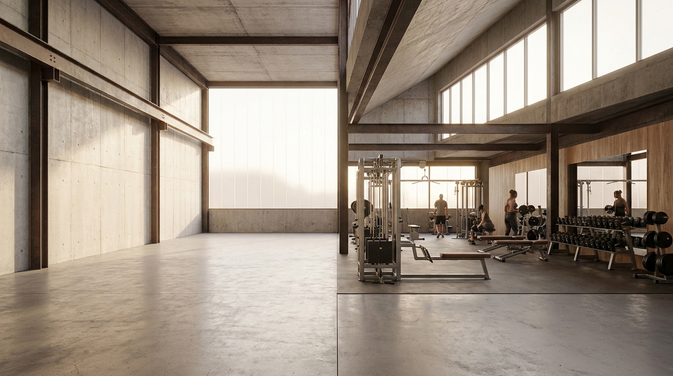 Spacious training area of a fitness studio in an industrial hall with strength equipment and free weights area in morning light