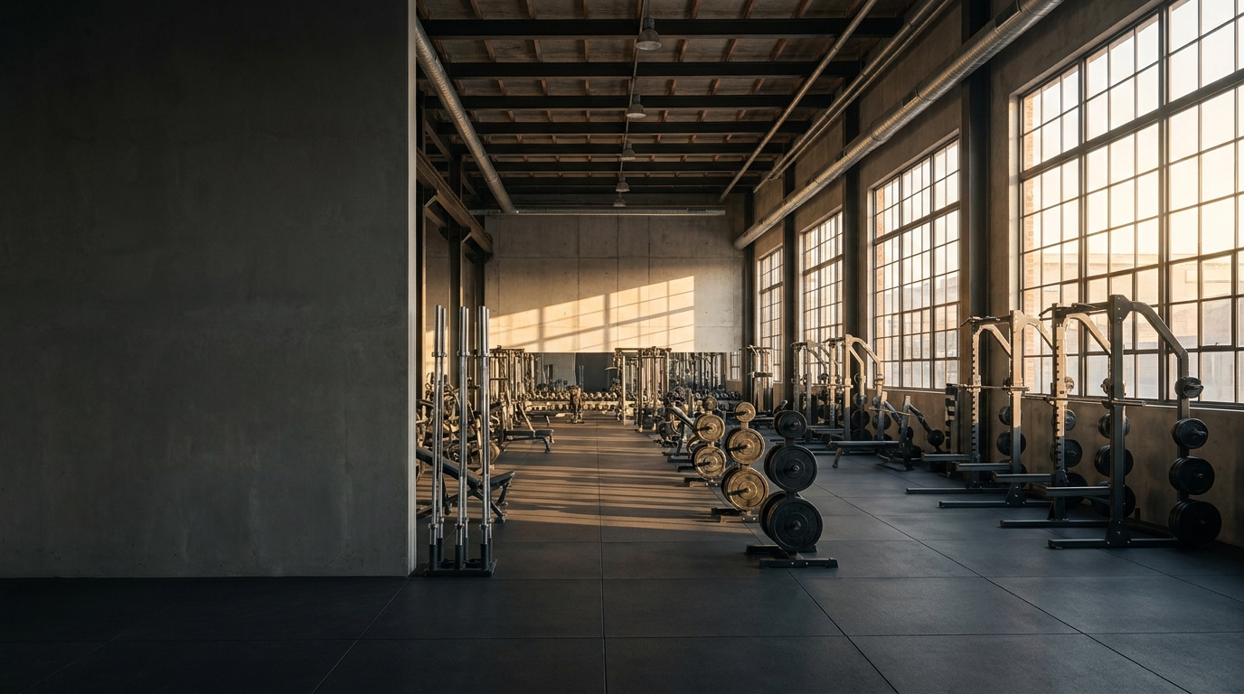 Training area with strength equipment and free-weight section in a tall industrial hall, morning light through mullioned windows