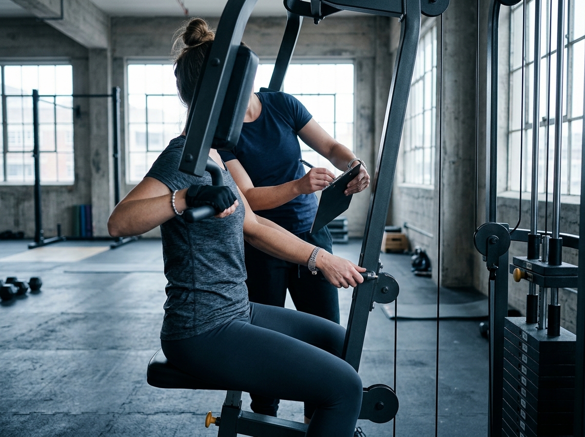 Trainer adjusting the seat height of a chest press machine for a member and noting the value on a clipboard