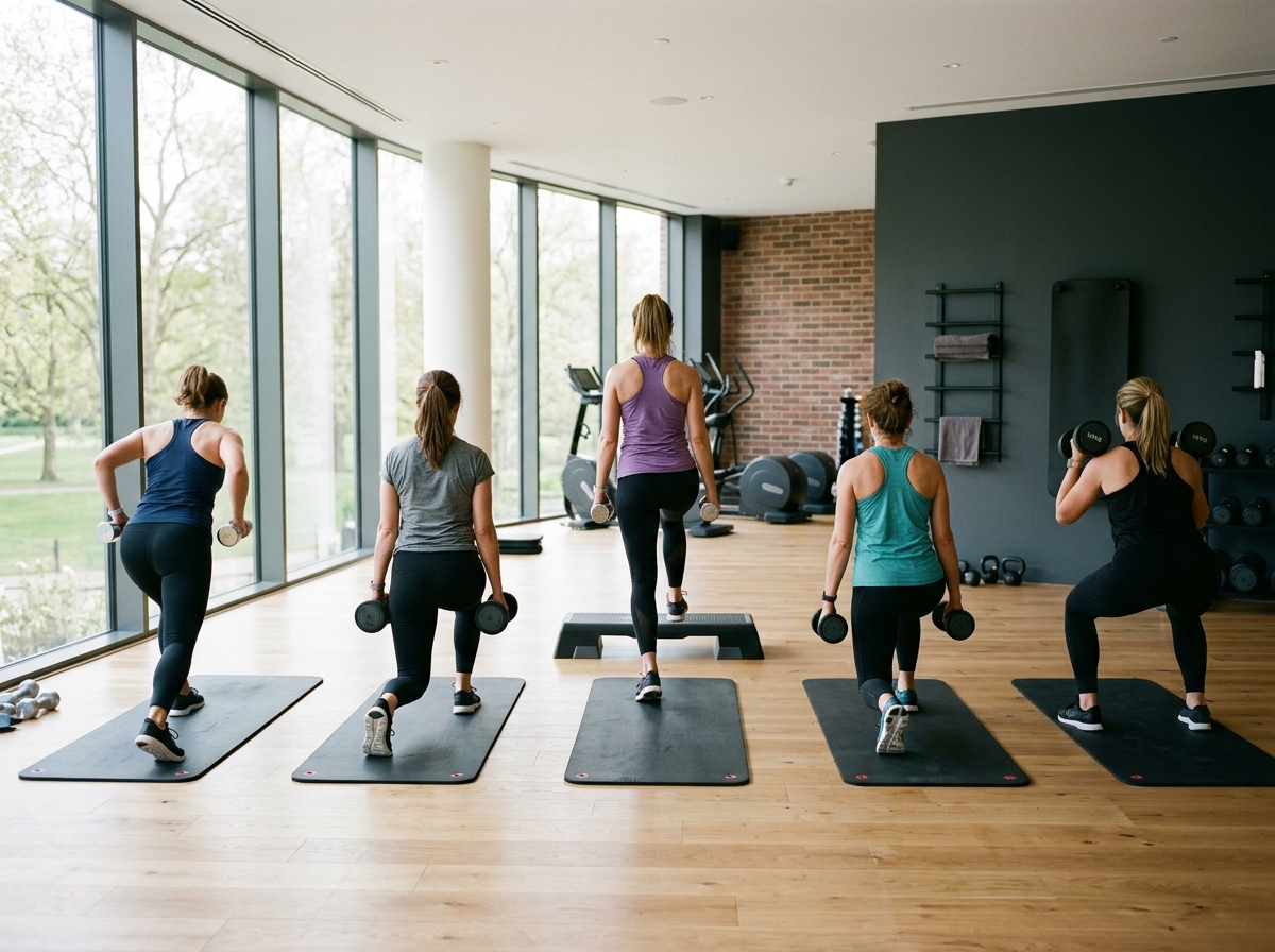 Participants training in the studio, seen from behind, using dumbbells of different weights and a step board