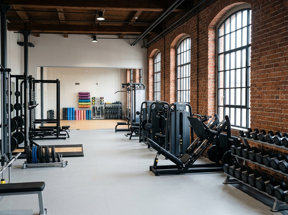 Trainingsfläche mit Kraftgeräten, Hantelablagen und Kurzhantelregal vor einer Backsteinwand mit Rundbogenfenstern, dahinter ein Kursraum mit Matten und Kleingeräten