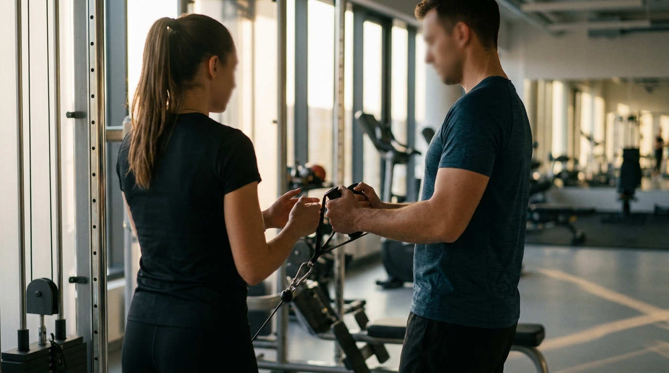 Trainer showing a client the correct grip on a cable tower, view of hands and machine