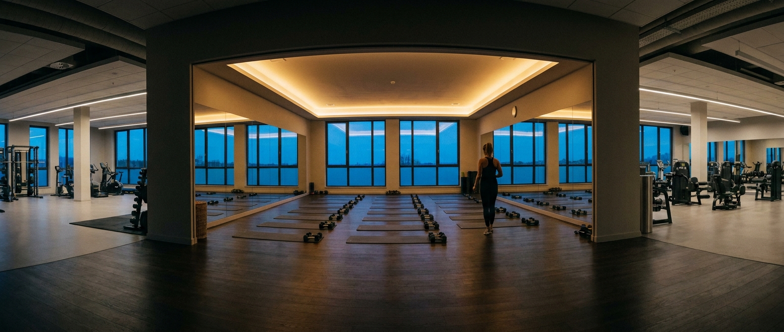 Class room with prepared mats and dumbbells, with windows in the evening twilight behind them