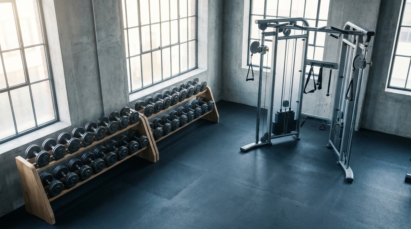 View across the weights area of the studio with dumbbell rack, cable machine and tall industrial windows
