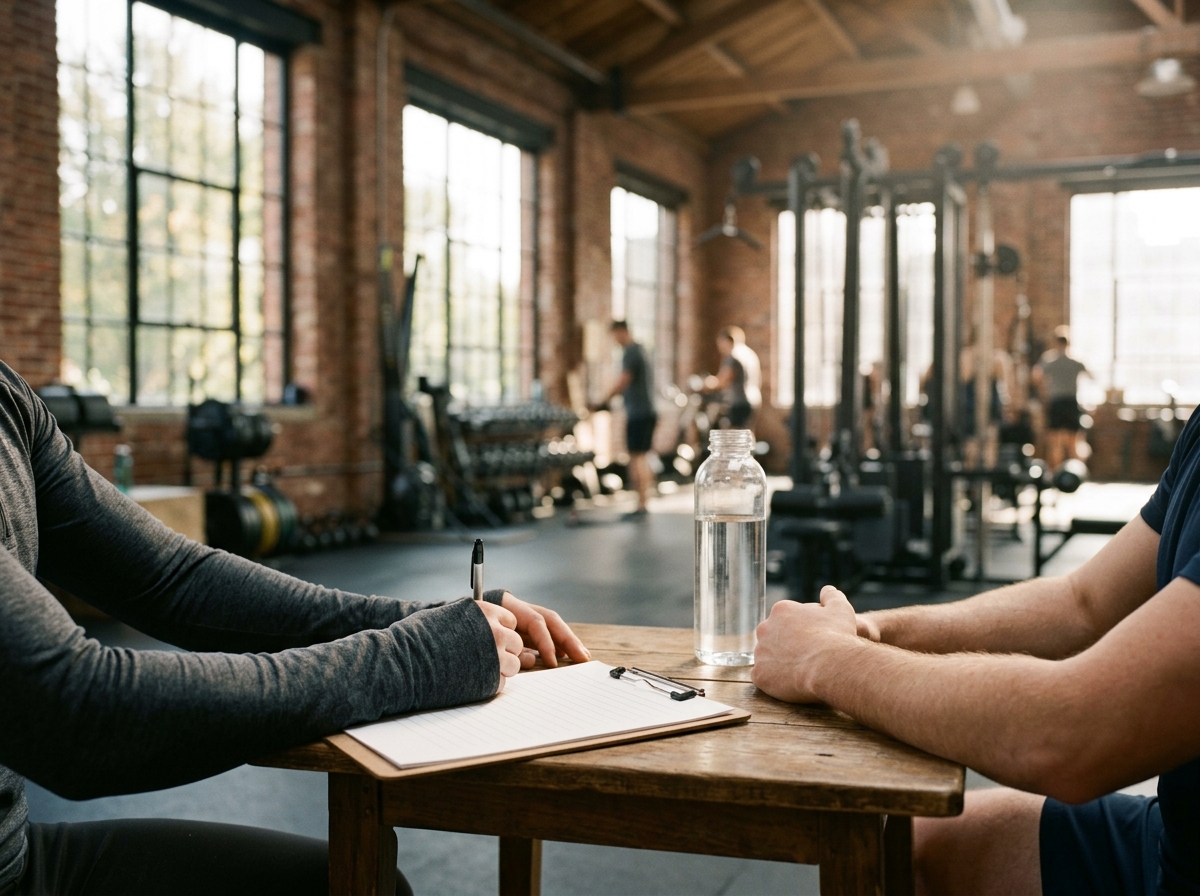 Training plan on a clipboard at a wooden table, with a pen and water bottle beside it, two people partially visible in a closing discussion