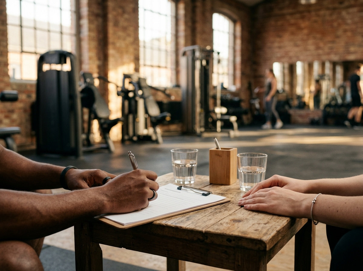 Hands at a wooden table in the consultation area, one making notes on a clipboard with a questionnaire, next to two glasses of water