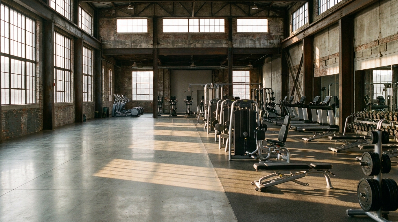 Trainingsfläche in einer hohen Industriehalle mit Kraftgeräten, Hantelständern und großen Sprossenfenstern im Morgenlicht