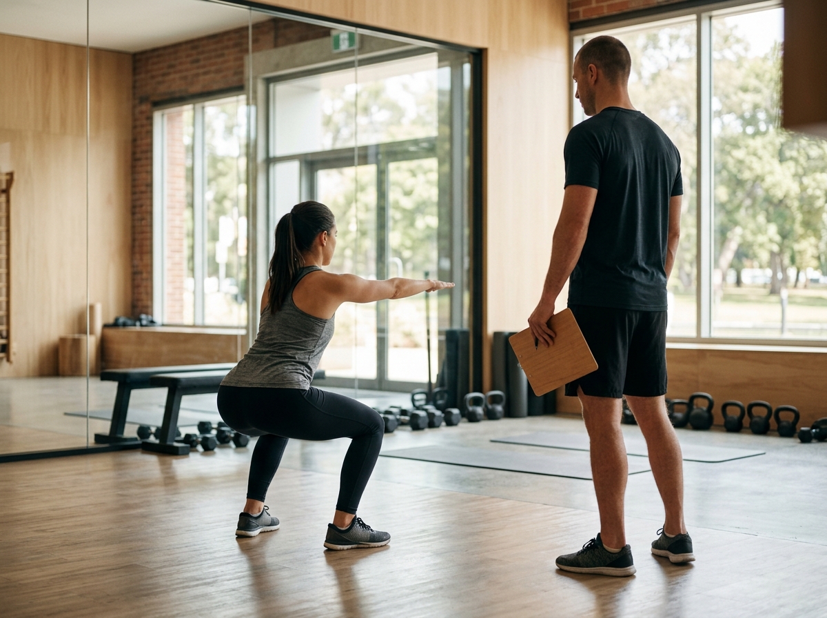Trainer observing a member performing a squat without weight during the movement check