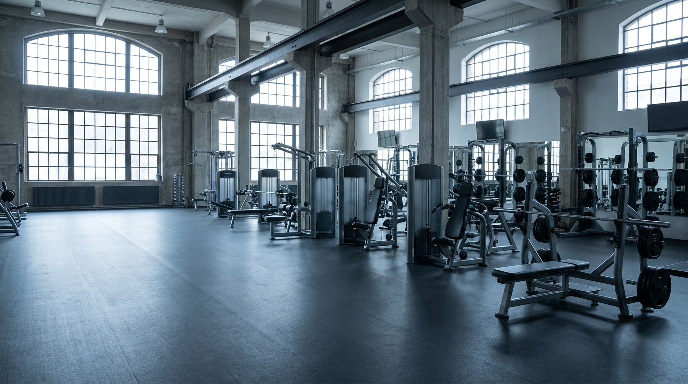 Training area with strength machines, weight benches and weight racks in a tall hall with crittall windows