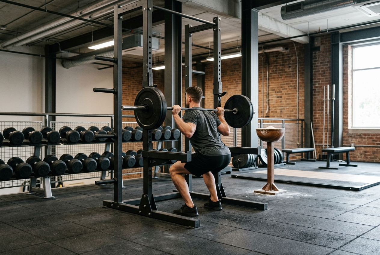 Freihantelbereich mit Kurzhantel- und Squat-Racks auf Gummiboden