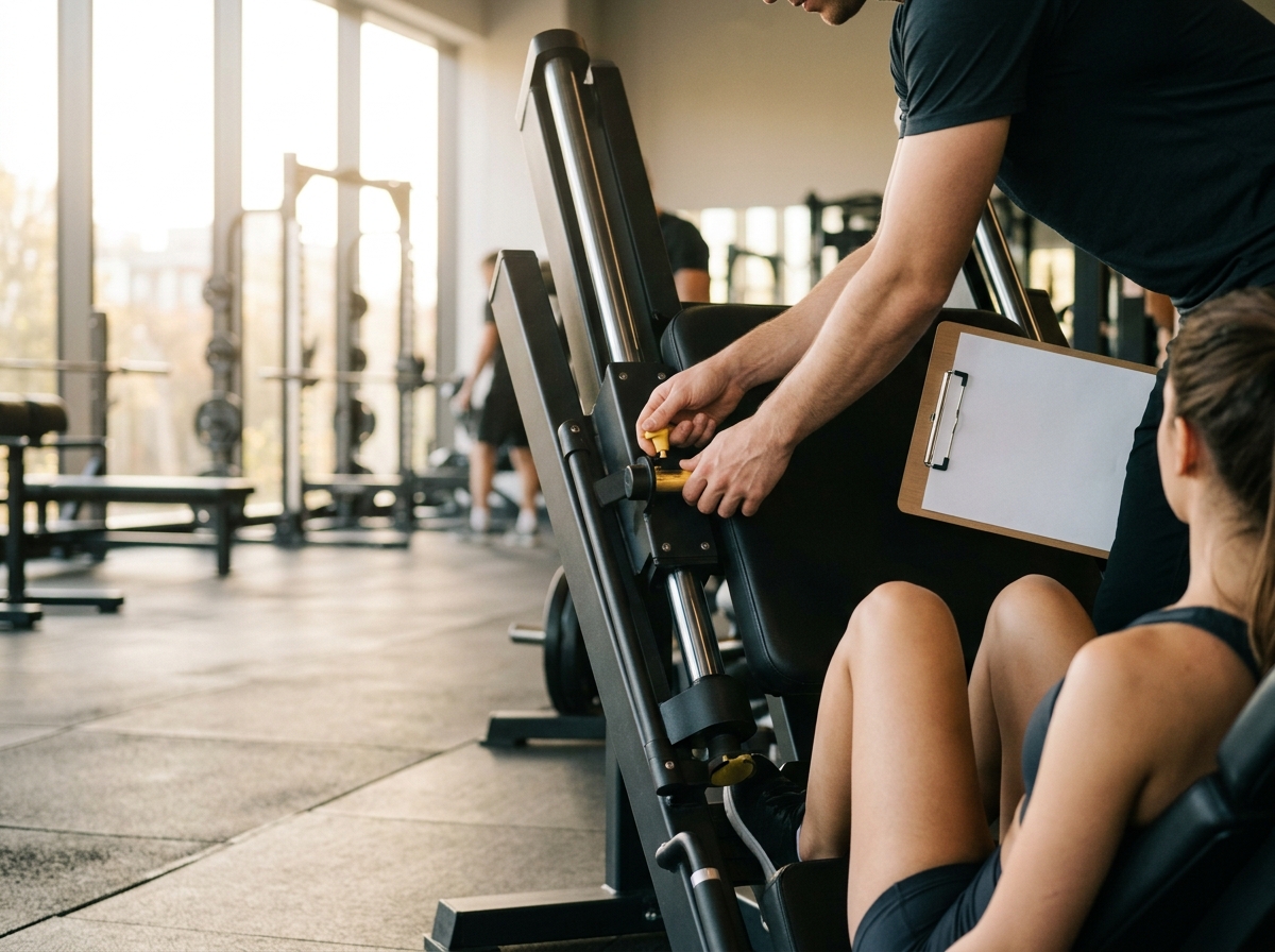Hände eines Trainers stellen die Sitzhöhe einer Beinpresse ein, daneben ein Klemmbrett mit Trainingskarte