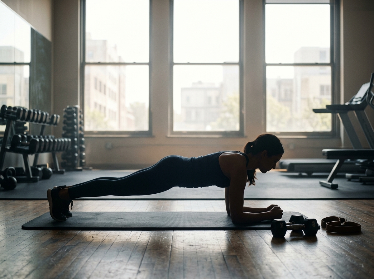 Person holding a forearm plank on a mat against the light, with light dumbbells and a resistance band beside them