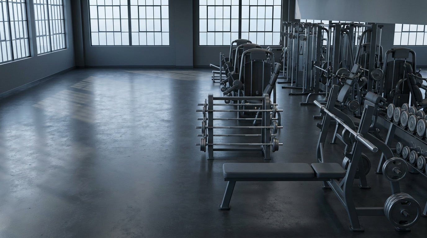Training area with strength machines and weight benches in front of large industrial windows, daylight from the left