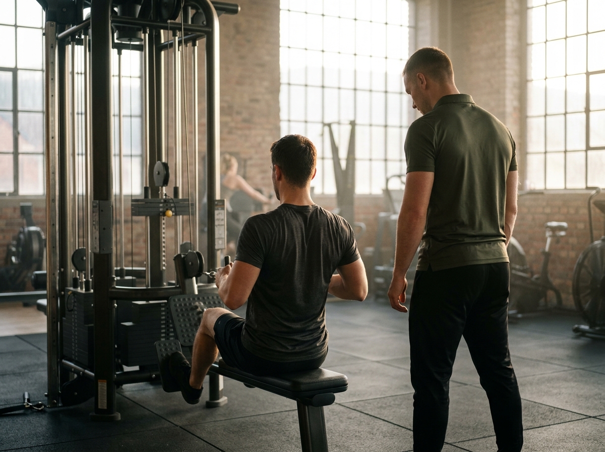 Member seen from behind at the cable rowing machine with light weight, with the trainer beside them