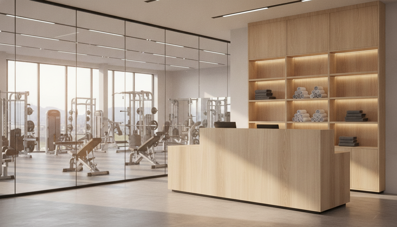 Empfangstresen eines Fitnessstudios aus dunklem Holz vor einer Betonwand, im Hintergrund unscharf die Trainingsfläche