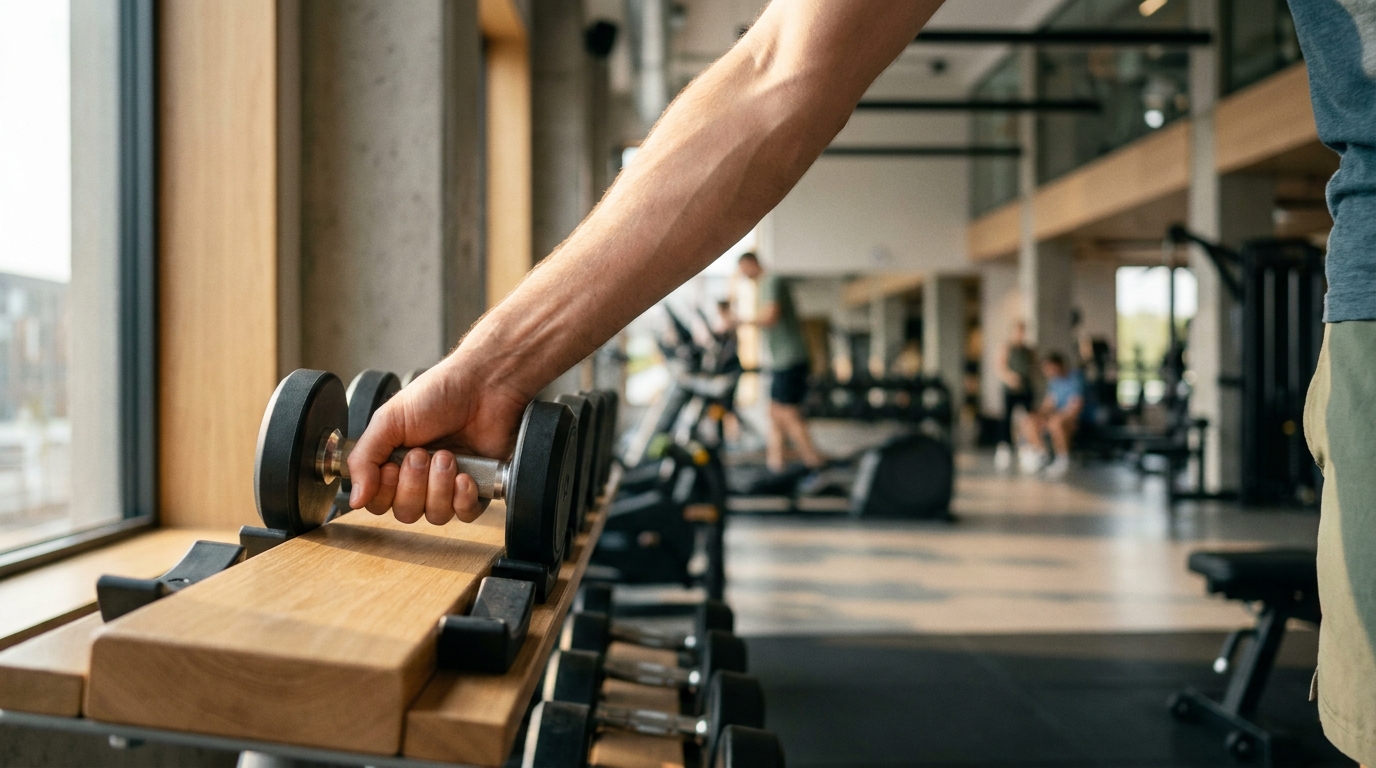 A hand takes a light dumbbell from the rack, with the training area blurred in the background