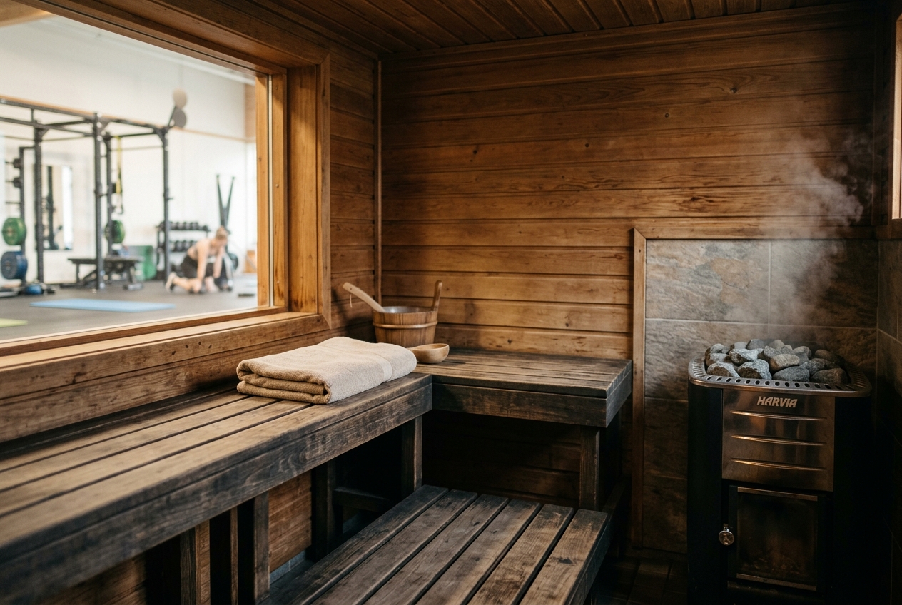 Sauna mit Holzbaenken und Ofen