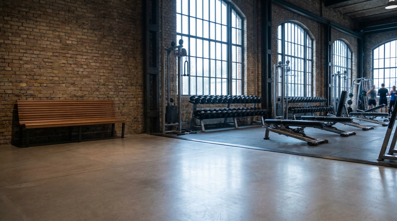 Weite Trainingsfläche eines Fitnessstudios mit Kraftgeräten und Hantelständern vor hohen Industriefenstern
