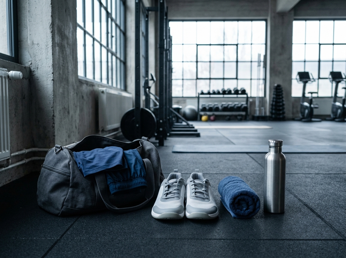 Clean indoor training shoes, a towel, a water bottle and workout clothing next to an open sports bag on the studio floor
