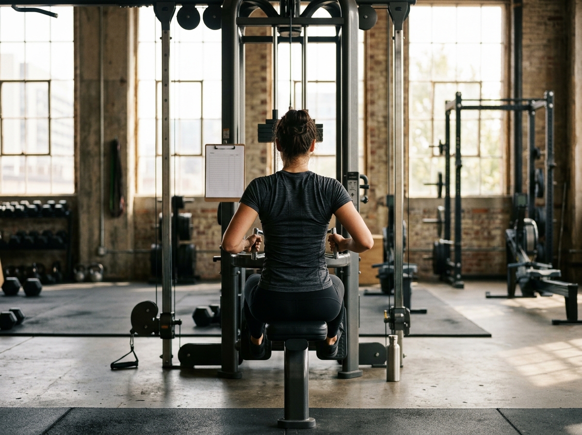 Person training from behind on a rowing machine with cable pull, a clipboard with a training plan on the machine, tall industrial windows in the background