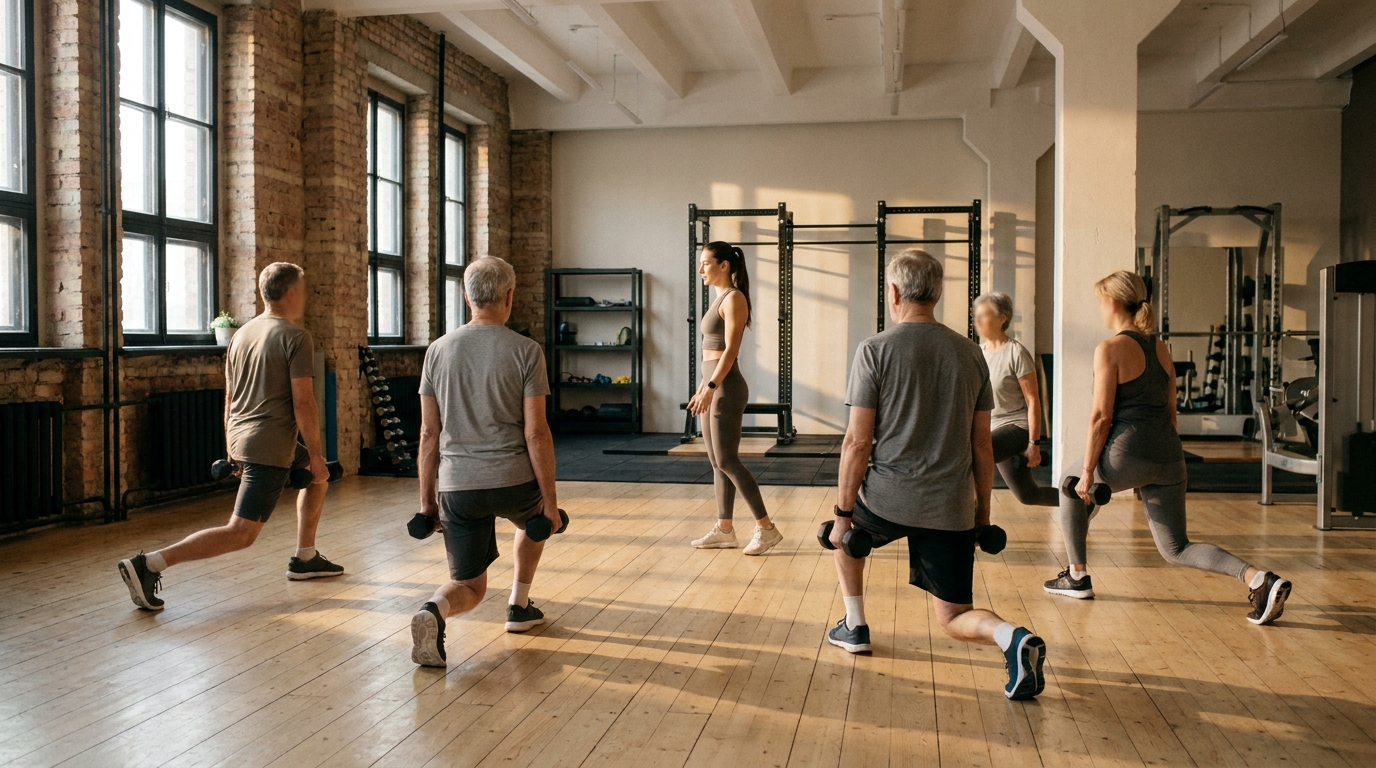 Group class in a lunge position with dumbbells, a trainer demonstrating the movement from the side